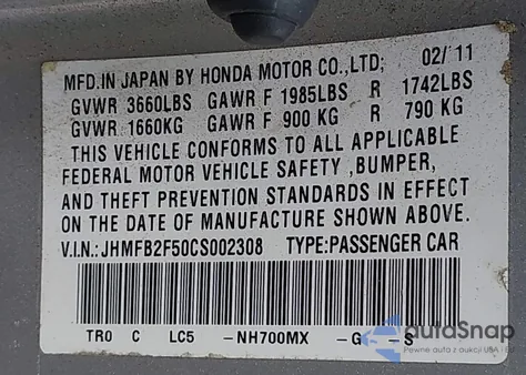 2012 Honda Civic Lx from USA, damaged, VIN JHMFB2F50CS002308